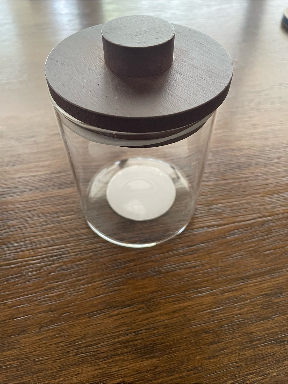 Set of two brand new Glass Storage accessory Jar with Wood Lid